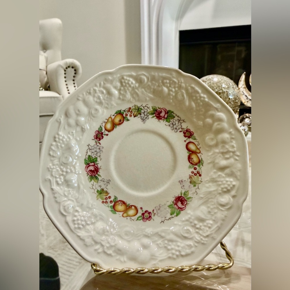 White Ceramic Floral Fruit Saucer with Embossed Border